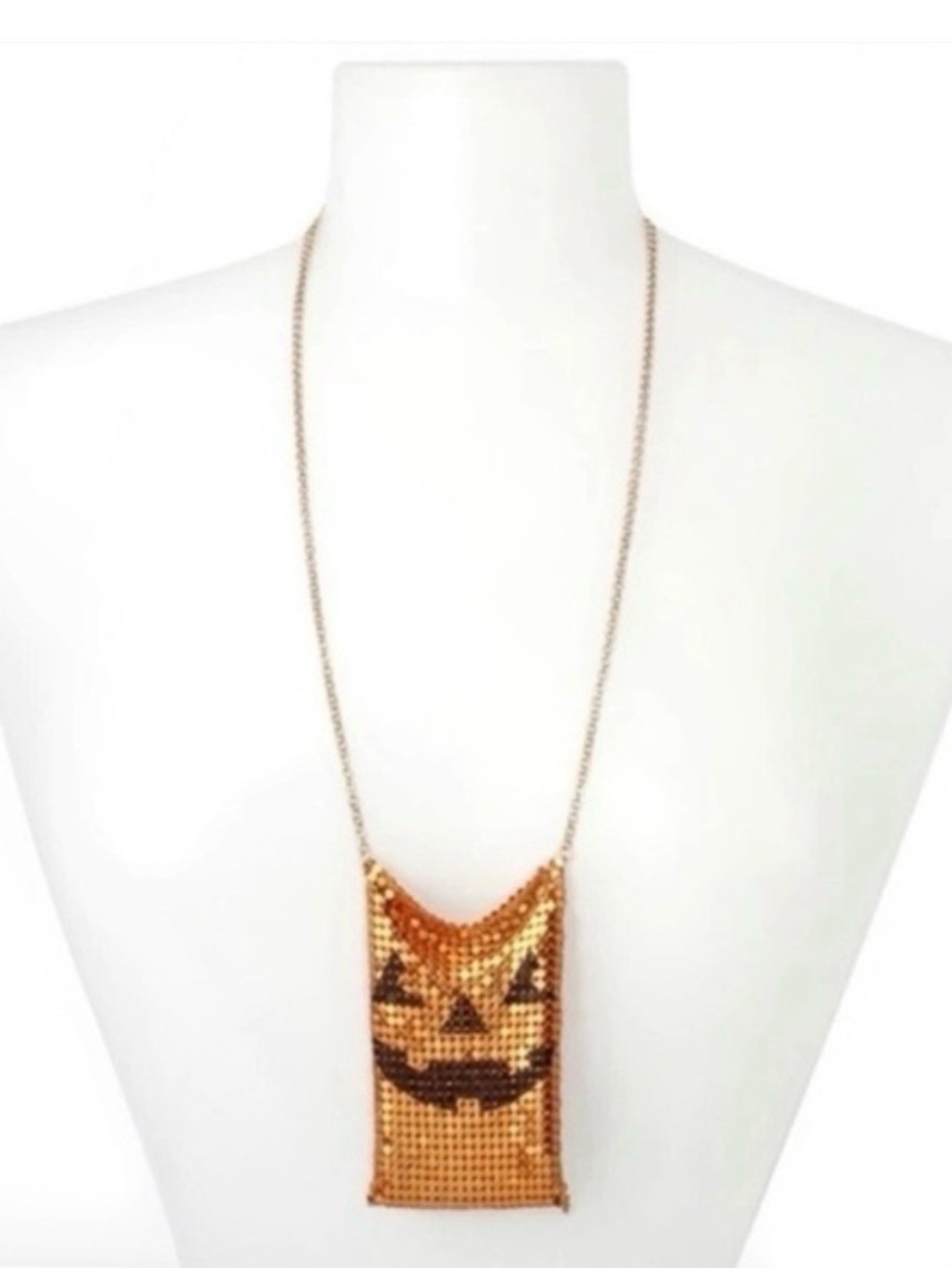 Betsey Johnson Gold Tone Jack Oโ Lantern Chainmaille Neck Purse Necklace - Picture 5 of 6